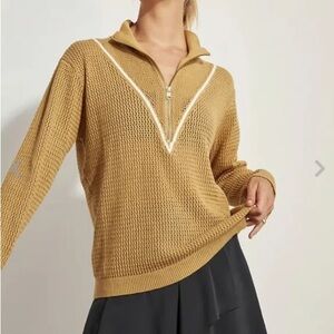Varley Calva Golden Yellow Summer Honeycomb Knit Half Zip Sweater